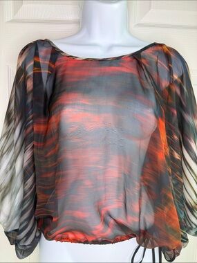 3 for $20 SINGLE SILK Sheer Multicolor Blouson Top with Red and Black Hues XS